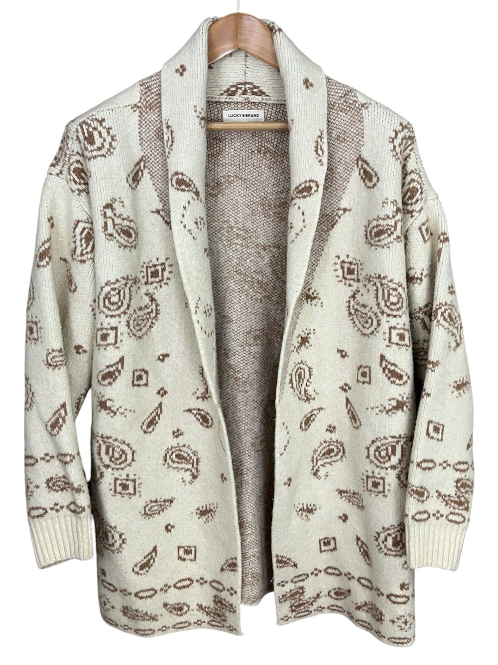 Lucky Brand Bandanna Print Cardigan Cream & Brown long Sleeve Open Front XL